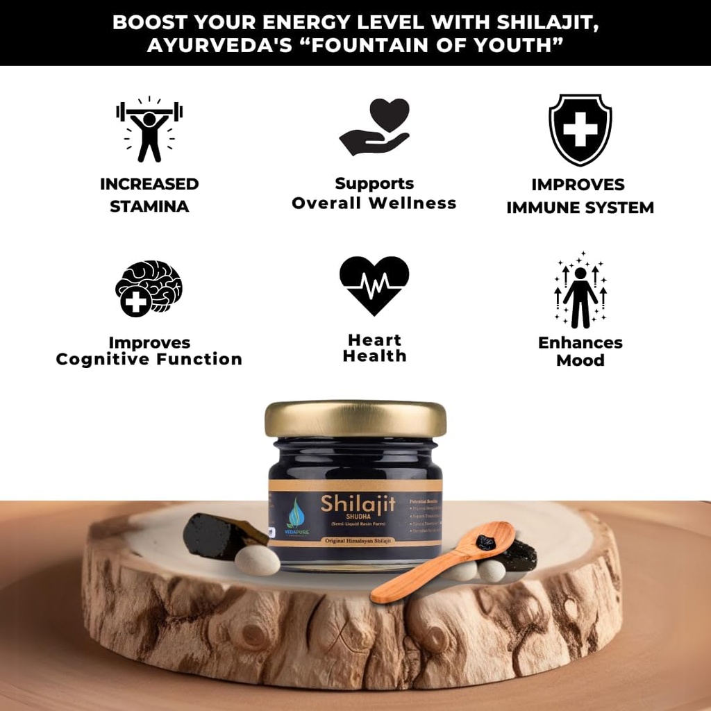 Vedapure Purest Himalayan Shilajit Resin 100% Pure Shilajit with Fulvic Acid & 85+ Trace Minerals Complex for Energy & Immune Support, 15 Grams