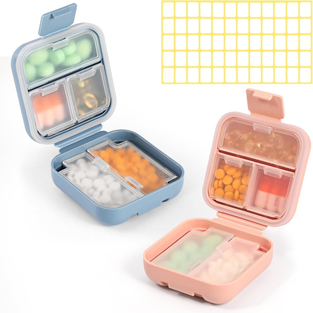 Dynippy Daily Pill Organizer 5 Compartments Portable Fugt Bevis Lille Pill Case for Pocket Purse Travel Pill Box Portable Medicine Vitamin Fish Oil Holder Container (Blue Pink)