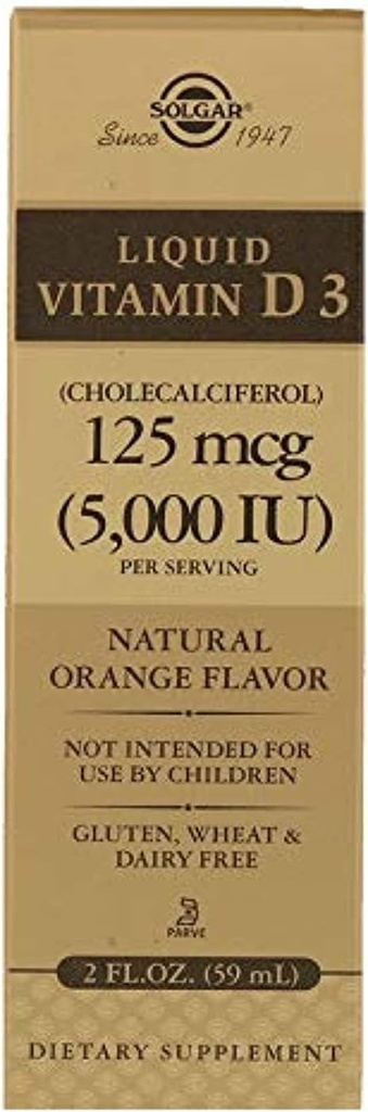 Solgar Liquid Vitamin D3 125 mcg (5.000 IE) - 2 fl oz - Lækker, Natural Orange Flavor - Hjælper vedligeholde sunde knogler & tænder - immunsystemet support - Gluten Free, Dairy Free, Kosher - 59 Servere
