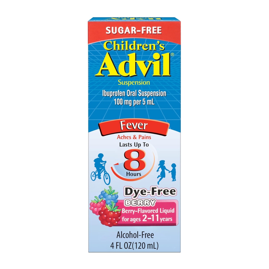 Børnenes Advil Pain Reliever og Fever Reducer, Dye Free og Sukker Free Ibuprofen Oral suspension, Berry Flavored - 4 Fl Oz