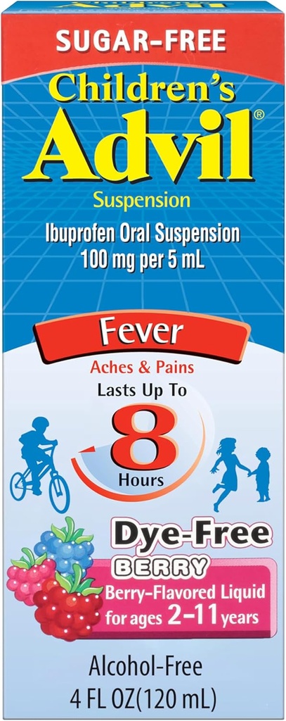 Børnenes Advil Pain Reliever og Fever Reducer, Dye Free og Sukker Free Ibuprofen Oral suspension, Berry Flavored - 4 Fl Oz