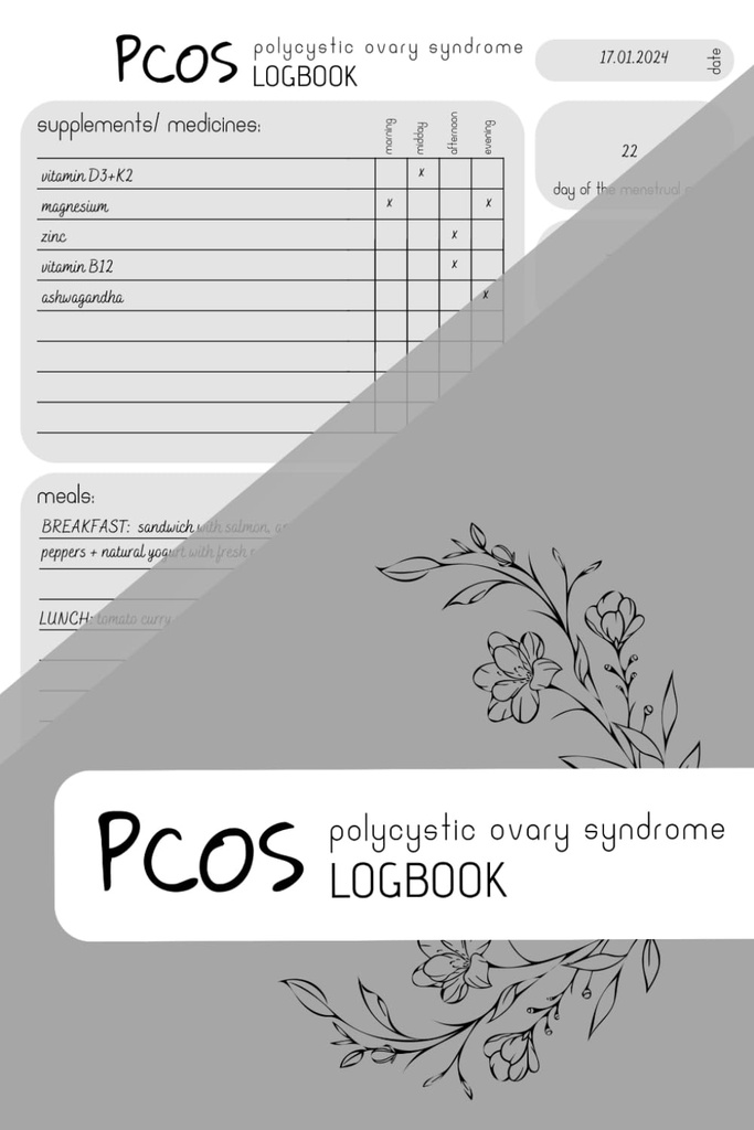 PCOS LOGBOOK: Supplements Tracker, Meal Planner, Periode Tracker, 150 sider, 6x9 in, Minimalistisk Design