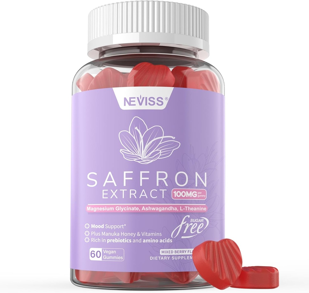 Saffron Kosttilskud Gummies 100mg - 100% Pure Saffron Extract med Magnesium Glycinat, L-Theanin, Gurkemeje, Ashwagandha, Honning & Vitamin B Complex for Mood & Power, Antioxidant, Vitality - 60 Greve
