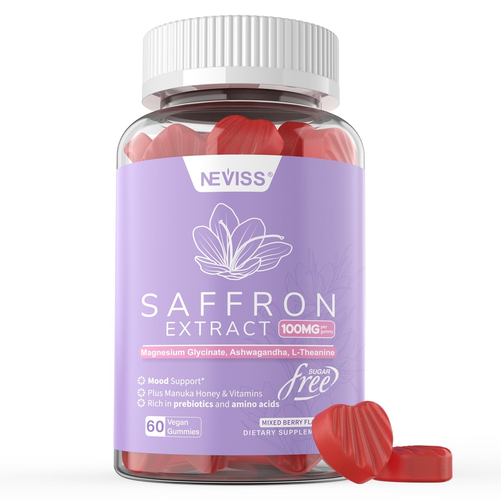 Saffron Kosttilskud Gummies 100mg - 100% Pure Saffron Extract med Magnesium Glycinat, L-Theanin, Gurkemeje, Ashwagandha, Honning & Vitamin B Complex for Mood & Power, Antioxidant, Vitality - 60 Greve