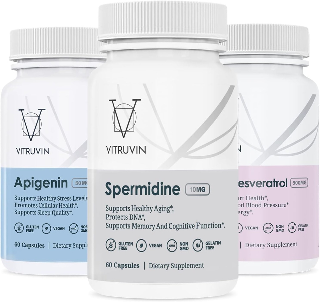 Vitruvin Longevity Plus (Spermidine 2x10mg, Apigenin 2x50mg, Resveratrol 500mg + Piperine 5mg) Vegan, Non- GMO, Gluten- Free, Gelatin- Free.