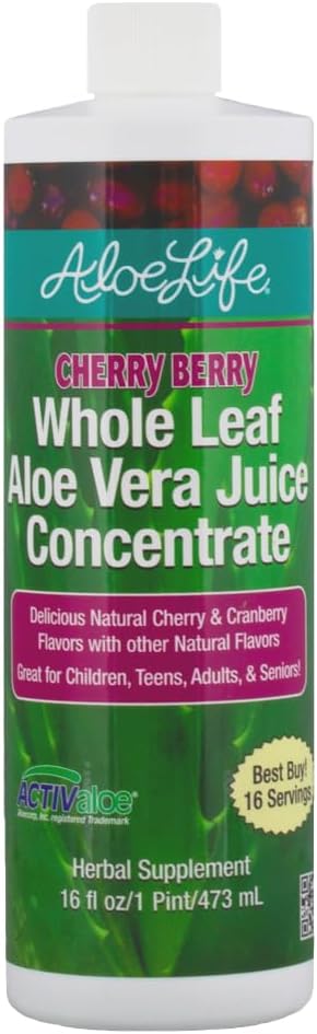 Aloe Life - Whole Leaf Aloe Vera Juice, Certified Organic, Gluten- Free (Cherry Berry, 16 oz)