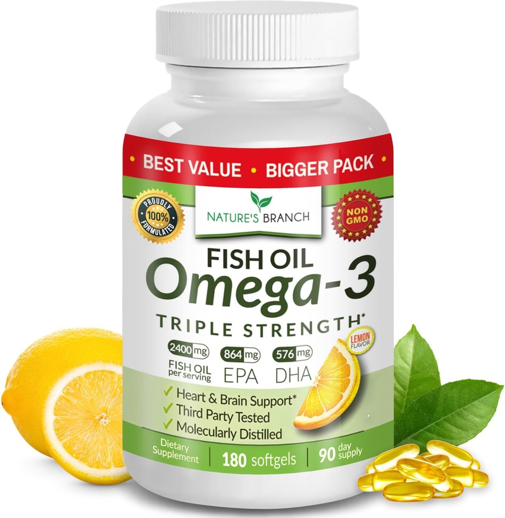 Bedste tredobbelt styrke Omega 3 Fish Oil Pills - 180 kapsler - 2400mg høj potens Burpless Lemon Flavor 864mg EPA 576mg DHA Ultra Pure Liquid Softgels for Brain Joins Eyes Heart Health Supplement