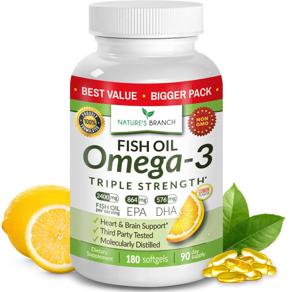 Bedste tredobbelt styrke Omega 3 Fish Oil Pills - 180 kapsler - 2400mg høj potens Burpless Lemon Flavor 864mg EPA 576mg DHA Ultra Pure Liquid Softgels for Brain Joins Eyes Heart Health Supplement
