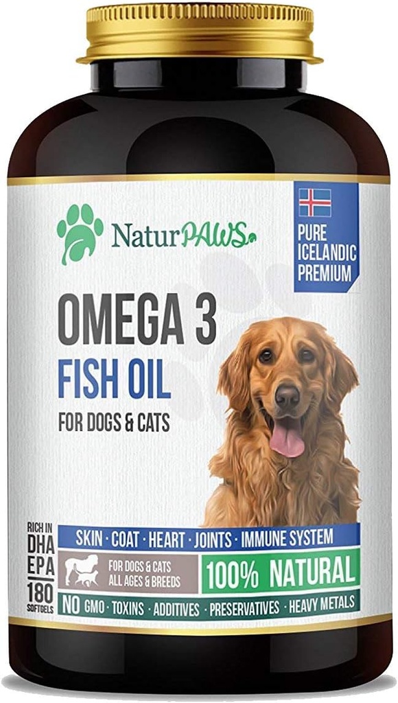 Omega 3 Fish Oil Supplement til hunde og katte - 1000 mg Pure DHA og EPA Omega - Understøtter sund Coat og hud, hjerte, immunsystem, Joints og Hip - 180 bløddele