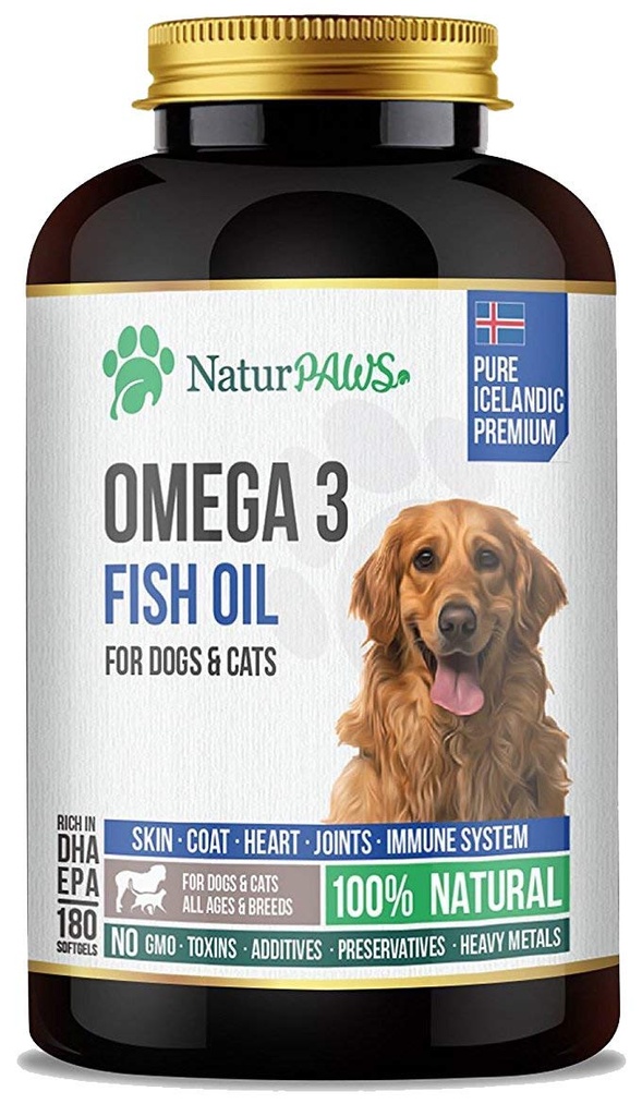 Omega 3 Fish Oil Supplement til hunde og katte - 1000 mg Pure DHA og EPA Omega - Understøtter sund Coat og hud, hjerte, immunsystem, Joints og Hip - 180 bløddele