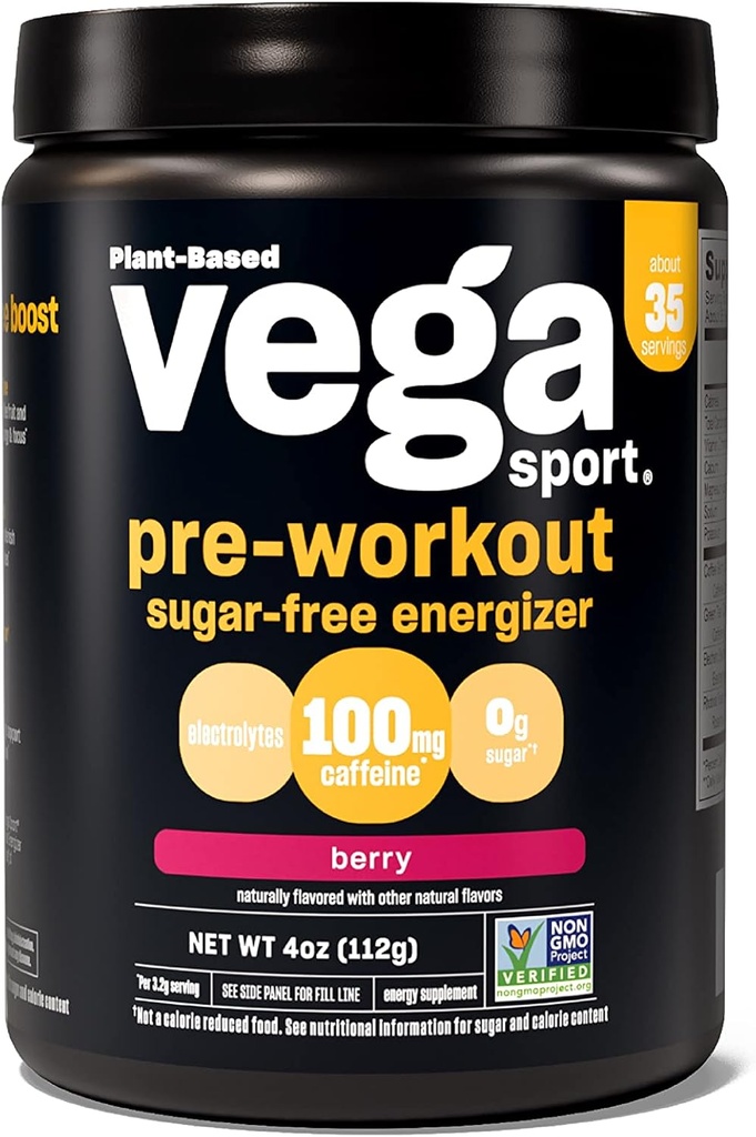 Vega Sport Sugar Free Pre- Workout Energizer, Berry - Pre Workout Powder til kvinder & mænd, understøtter energi og fokus, Electrolytes, Vegan, Keto, Gluten Free, Non GMO, 4 oz