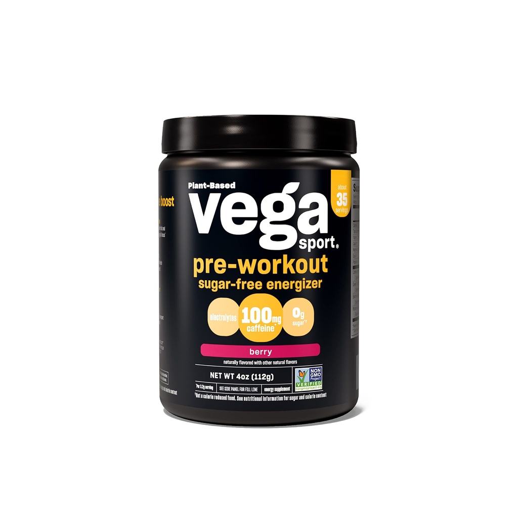 Vega Sport Sugar Free Pre- Workout Energizer, Berry - Pre Workout Powder til kvinder & mænd, understøtter energi og fokus, Electrolytes, Vegan, Keto, Gluten Free, Non GMO, 4 oz