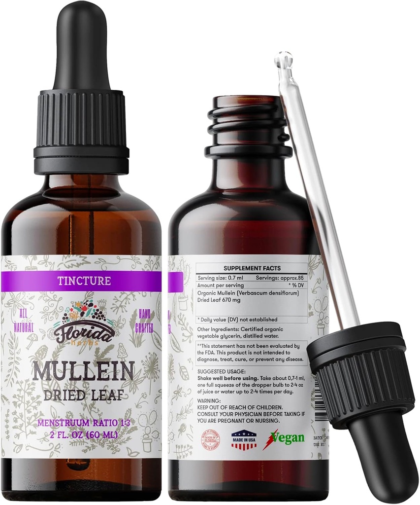 Mullein Tincture Extract, Organic Mullein (Verbascum densiflorum) Tørret Leaf Herbal tillæg i Cold- presset vegetabilsk glycerin 670 mg