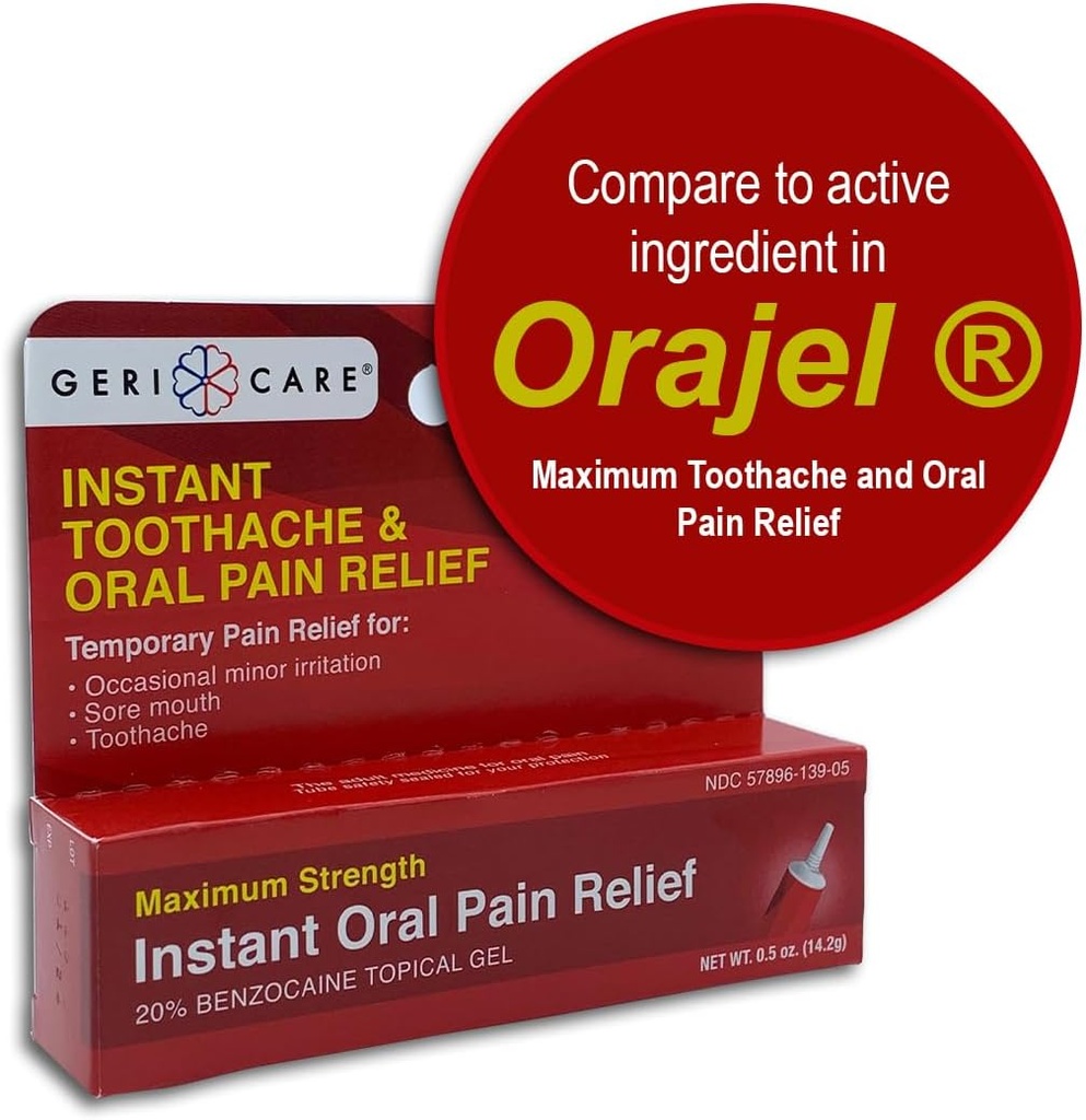 GeriCare Benzocaine 20% Maksimal styrke Tandpine & Oral Instant Pain Relief Gel 0,5 oz. Fast- Active Numbing Pain Treatment for Toothaches, Gum Irritation, Følsomhed & Mouth Sores, (pakke med 1)