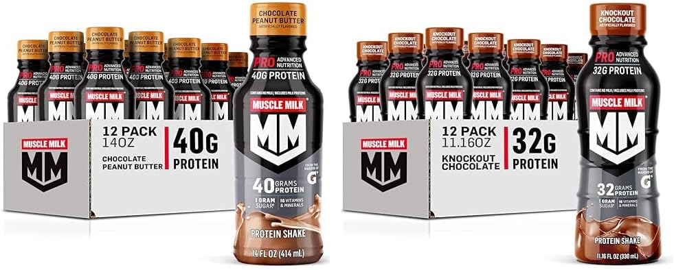 Muskelmælk Pro Series Chokolade Peanut Butter Protein Shake 40g Protein Pack of 12 & Pro Advanced Nutrition Knockout Chocolate Protein Shake 32g Protein Pack of 12