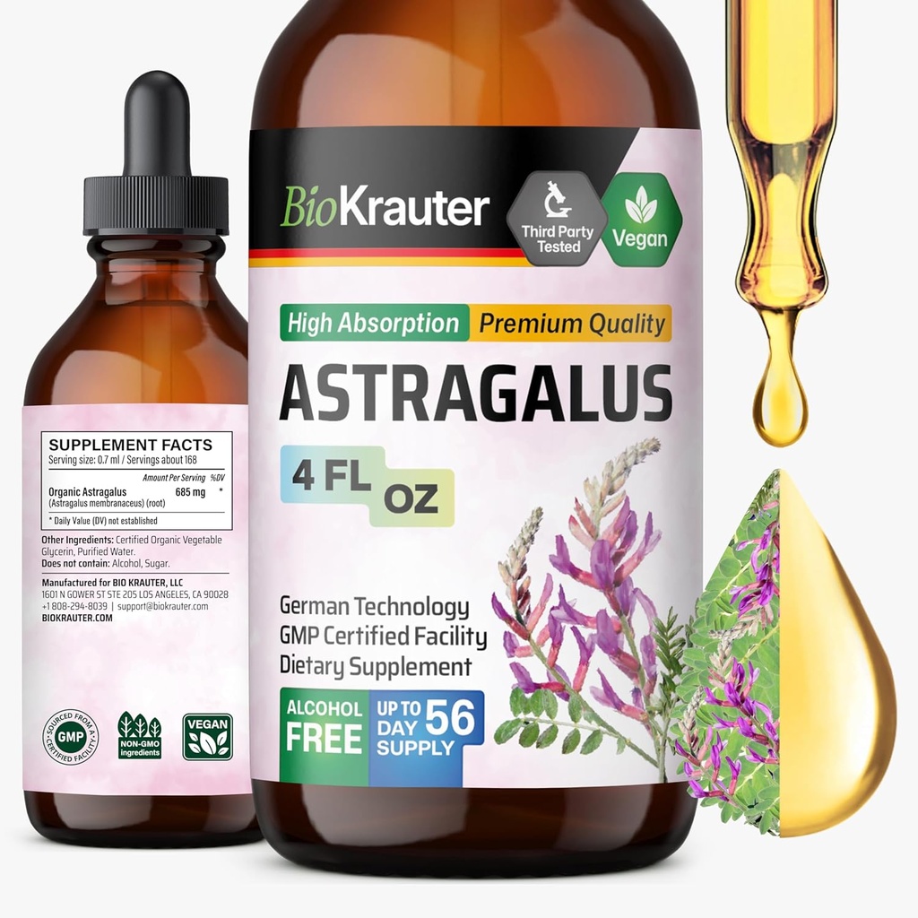 BIO KRAUTER Astragalus Tincture - Astragalus Root Extract for immunsupport - Alkohol og sukkerfri - Høj Absorption - Vegan Drops 4 Fl.Oz.