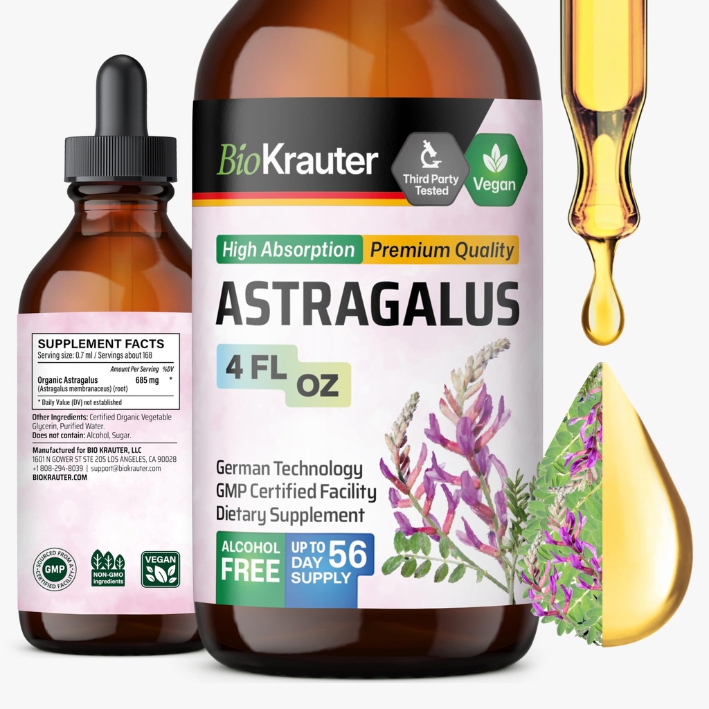 BIO KRAUTER Astragalus Tincture - Astragalus Root Extract for immunsupport - Alkohol og sukkerfri - Høj Absorption - Vegan Drops 4 Fl.Oz.
