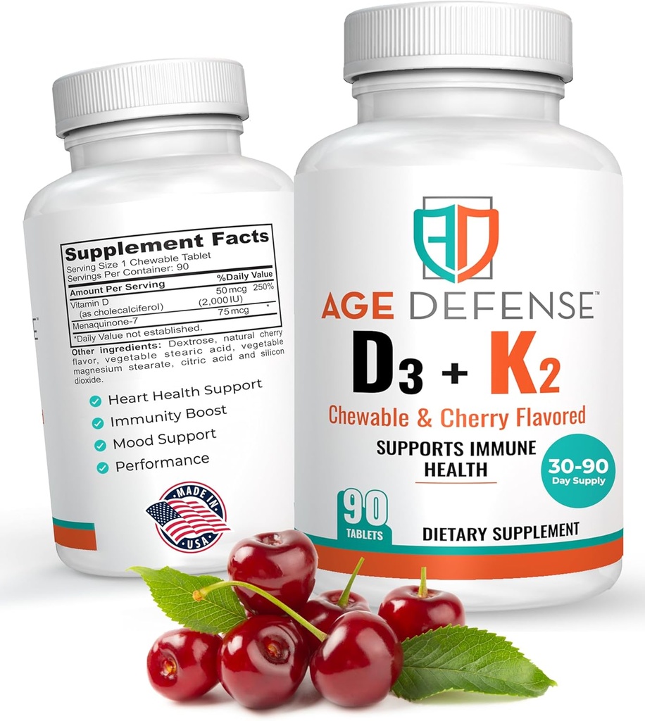 D3- vitamin 2000 IE med K2- 90 tyggetabletter med Cherry Flavoring- Natural Energy Booster-Understøtter Vitality, immunsundhed, & Samlet Wellness- D3- vitamin med vitamin K2 til mænd og kvinder