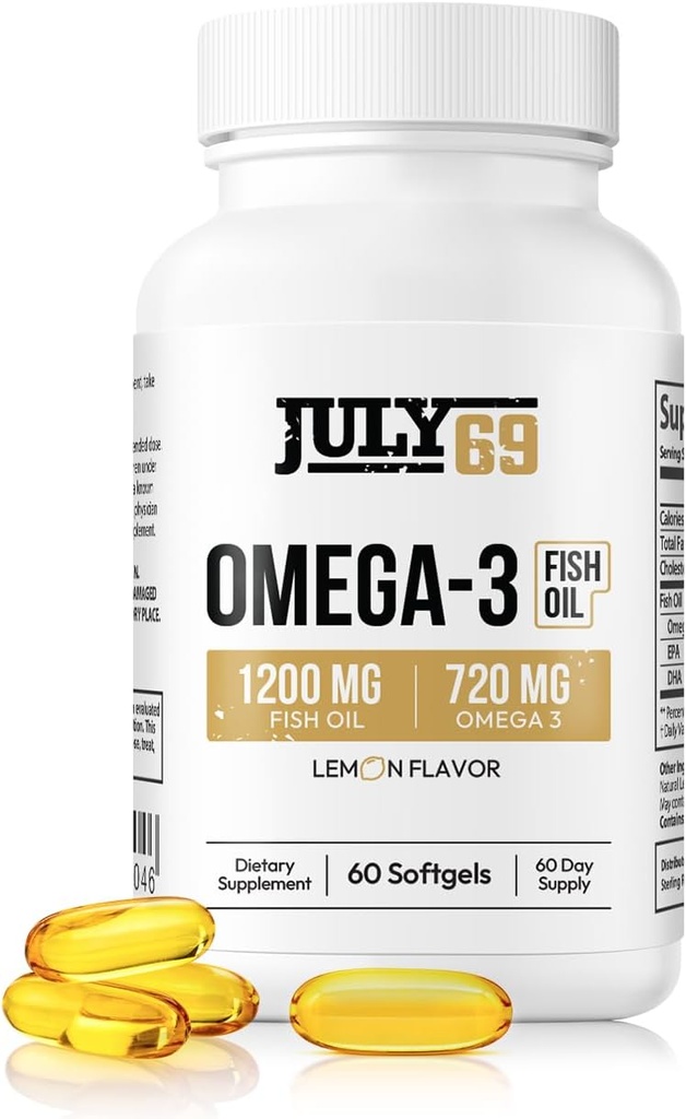 Omega 3 Fish Oil - 1200 MG Fish Oil, 720 MG Omega 3, Lemon Flavor, 60 Softgels, Natural EPA- DHA Softgels for Strength & Health, High Potency, Support for Women & Men