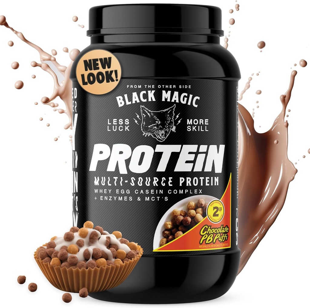 Black Magic Protein Powder - Whey, Egg, og Casein Complex med enzymer & MCT Powder - Pre Workout og Post Workout - New Look- berømte chokolade Peanut Butter Puffs - 24g Protein - 2 LB