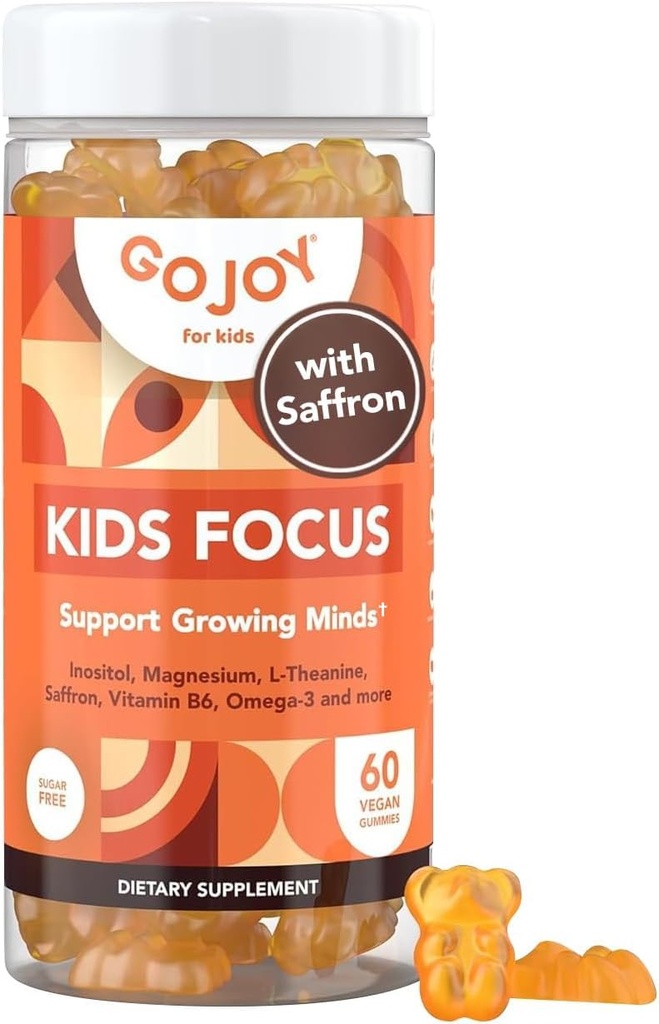 Kids Focus Gummies - 7-in-1 Focus & Opmærksomhed Supplement for Kids & Teens w / Saffron Extract, Magnesium Glycinate, L- Theanine, Inositol & Mere - Vegan, Gluten & Sugar- Free, Non- GMO