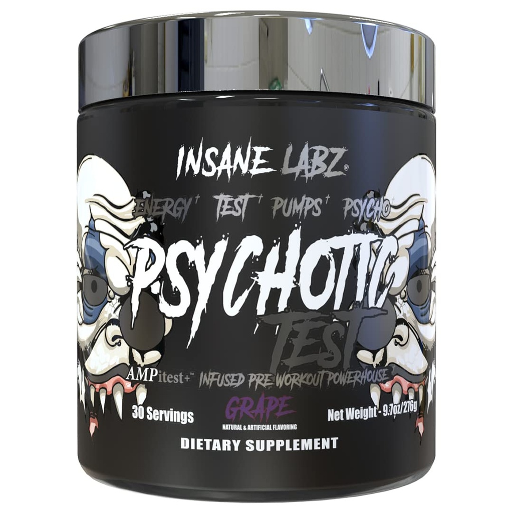 Insane Labz Psykotisk Test, High Stim Testosteron Energi og Pump Boosting Pre- Workout Pulver med DMAE Bitartrat, D Aspartasyre, Creatin HCL og Glycerol Monostearate, 30 Servering, Grape