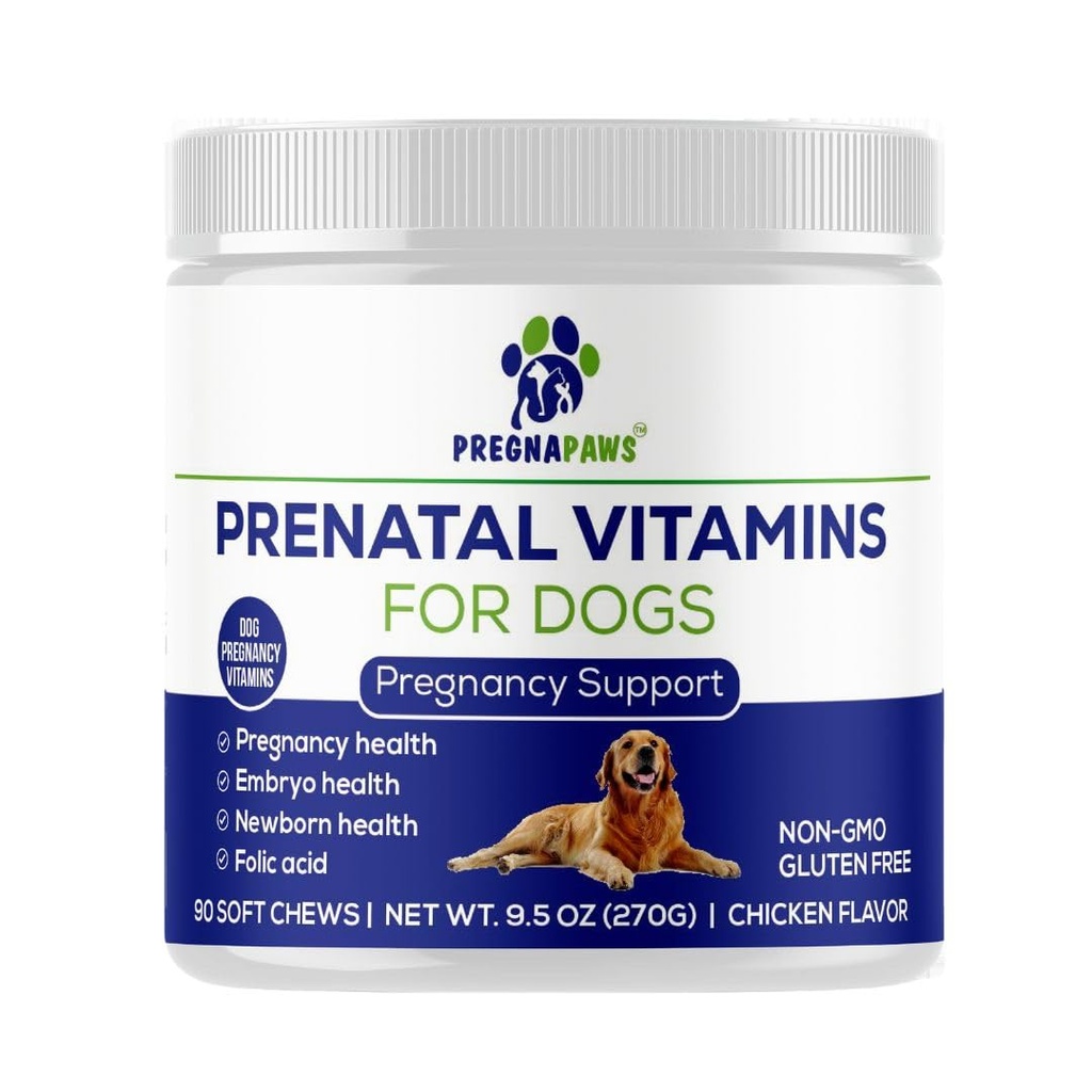 Hund prænatale vitaminer - understøtter sund graviditet, Puppy Development & Amning - Rig i folinsyre, jern & kalcium - Avanceret prenatal supplement til gravide og ammende hunde - 90 bløde tygger