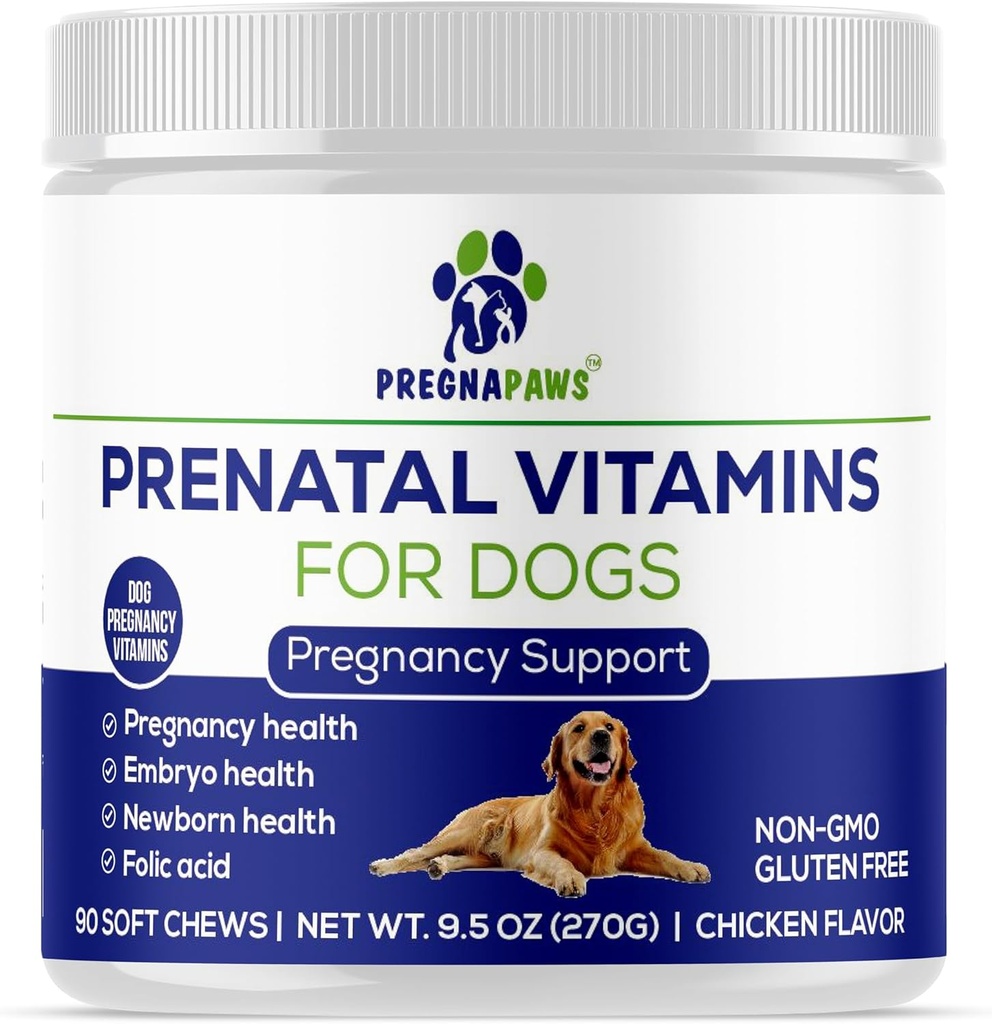 Hund prænatale vitaminer - understøtter sund graviditet, Puppy Development & Amning - Rig i folinsyre, jern & kalcium - Avanceret prenatal supplement til gravide og ammende hunde - 90 bløde tygger