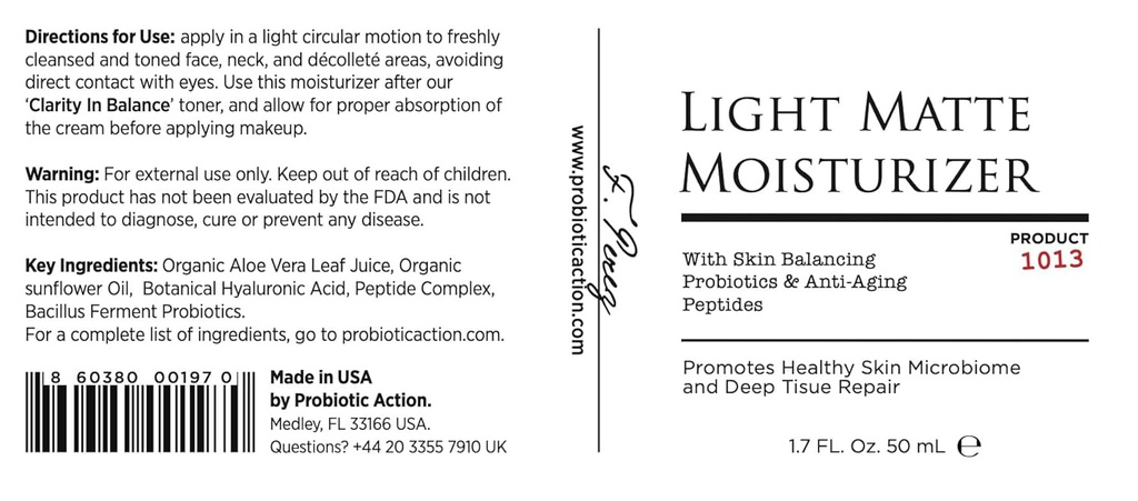 Probiotisk Action ® Light Matte Moisturizer - Probiotisk hjælpe med at forhindre Acne, Rosacea, og Eksem. Den Probiotiske og Peptid Beholder glød, blødhed, og tæthed af klar hud.