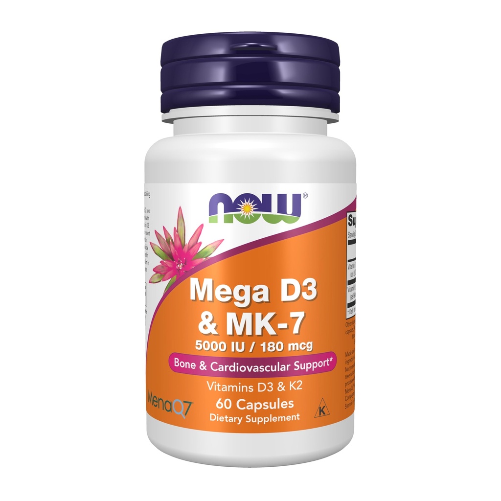 Now Foods Supplements, Mega D-3 & MK- 7 med Vitaminer D-3 & K-2, 5000 IE / 180 mcg, Bone & Cardiovaskulær Support *, 60 Veg kapsler