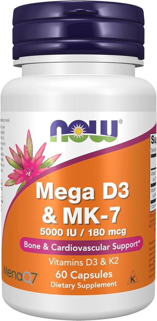 Now Foods Supplements, Mega D-3 & MK- 7 med Vitaminer D-3 & K-2, 5000 IE / 180 mcg, Bone & Cardiovaskulær Support *, 60 Veg kapsler