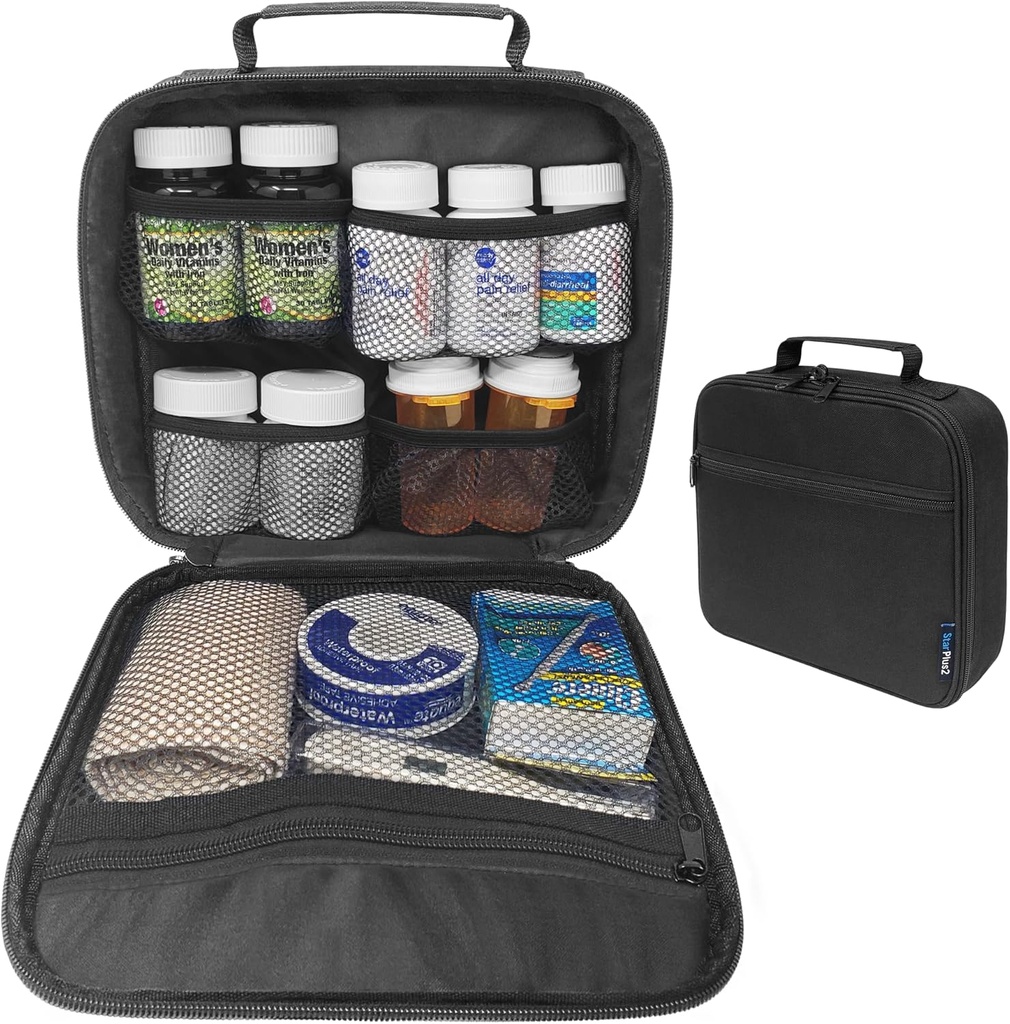 Medium Travel Pill Flaske Organizer, Medicine Bag, Carrier til medicin og medicinske forsyninger - Sort (uden lås)