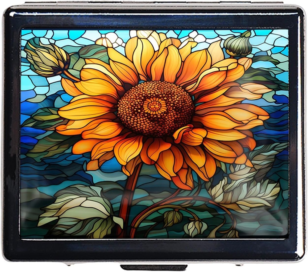 7 Days Chromed Shiny Silver Pill Organizer with Mirror Inside Has 8 Separate Compartments Rectangle 7 Days Pill Box Pill Case (Sunflower Stained Glass)