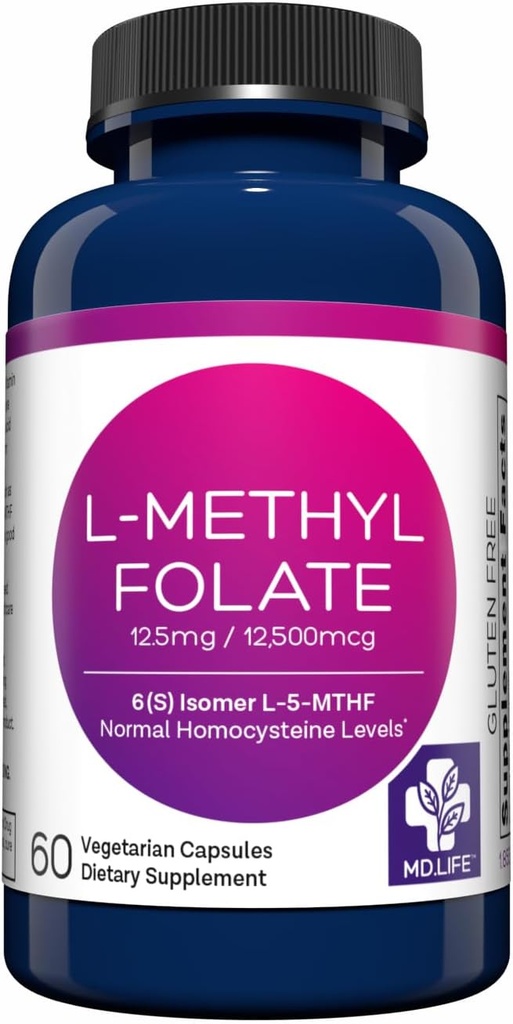 MD Life L- methylfolat 12, 5 mg supplement - Professionel - Grade Aktiv L methylfolat supplement - 60 kapsler - L- methylfolat 12, 5 mg - Maksimal potens MTHFR W / essentielle aminosyrer