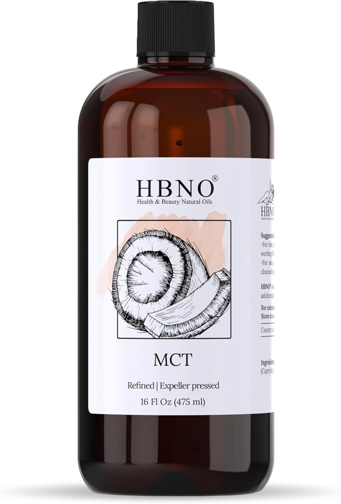 HBNO California flaske kokos Mct Oil 16 fl oz (475ml) Værdi størrelse - Natural Mct Oil, Cold Pressed - Perfekt Carrier til massage, Aromaterapi - Ideel til ansigt, krop, læber, & hår