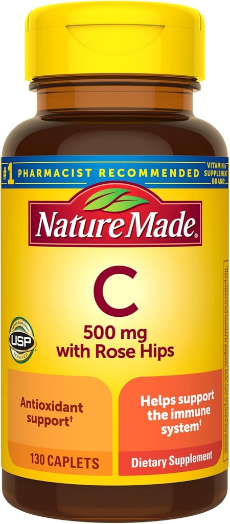 Nature Made C-vitamin 500 mg med Rose Hips, Kosttilskud til immunforsvar, 130 kapsler, 130 dages forsyning