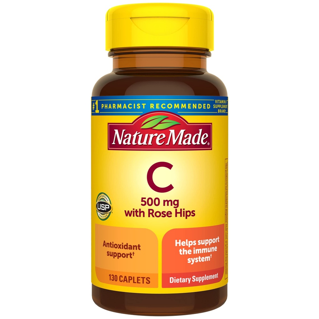 Nature Made C-vitamin 500 mg med Rose Hips, Kosttilskud til immunforsvar, 130 kapsler, 130 dages forsyning