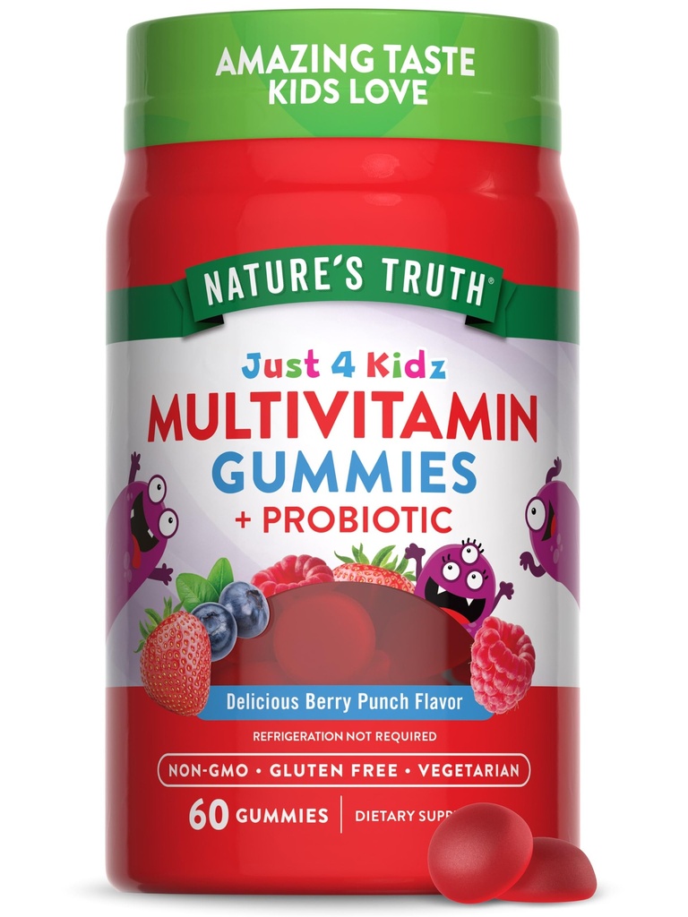 Naturens sandhed Kids Multivitamin Gummies med Probiotika 400; 60 Greve 3004; Berry Punch Flavor 124; Vegetar, Non- GMO, og Gluten Free Supplement