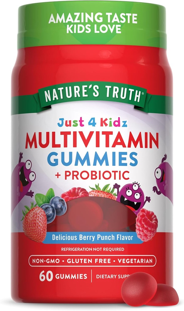 Naturens sandhed Kids Multivitamin Gummies med Probiotika 400; 60 Greve 3004; Berry Punch Flavor 124; Vegetar, Non- GMO, og Gluten Free Supplement