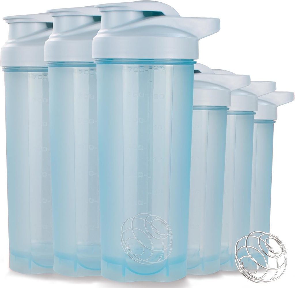 ShakerZoo- 6 Pack- Protein Shaker Flasker til Protein Mixes, Shaker Cups til Protein Shakes, 3 stk 24 ounce og 3 stk 20 ounce (Blue)