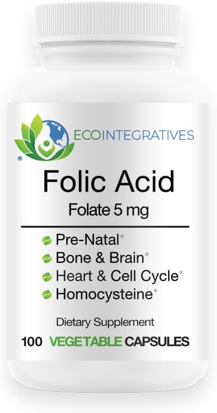 Folinsyre Folat 5mg (B9) Prenatal, reproduktiv sundhed, homocystein, Metabolisme, cardiovaskulær, Knogler, immunforsvar, Allergen Free, Non GMO - 100 Veganske kapsler