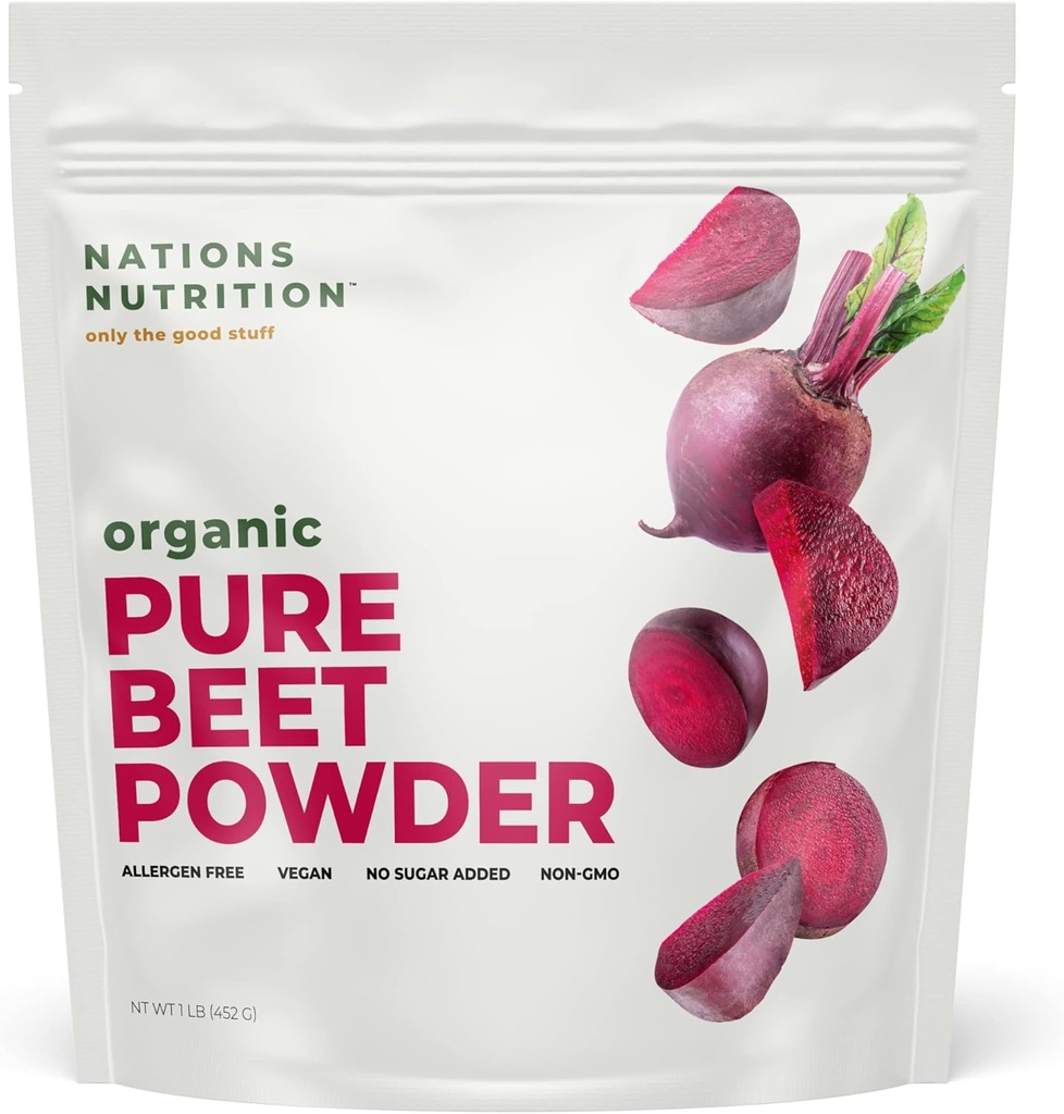 Pure Beet Root Powder Organic - Nitrooxid cirkulation Superfood, Understøtter blodgennemstrømning & hjerte sundhed - Øge Stamina & Natural Energy, 30 + Serveringer (1 LB Bag)