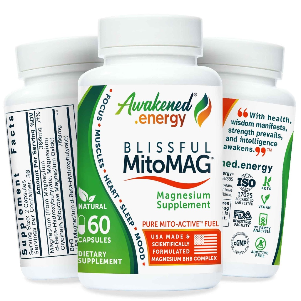 Blissful MitoMag - 300mg Elemental Magnesium Complex: Mg Glycinate, Mg BHB - Sovemuskler Mood Energy Cognitive Focus Calm - All Natural, USA Made, Ingen tilsætningsstoffer - 60 Veganske kapsler supplement