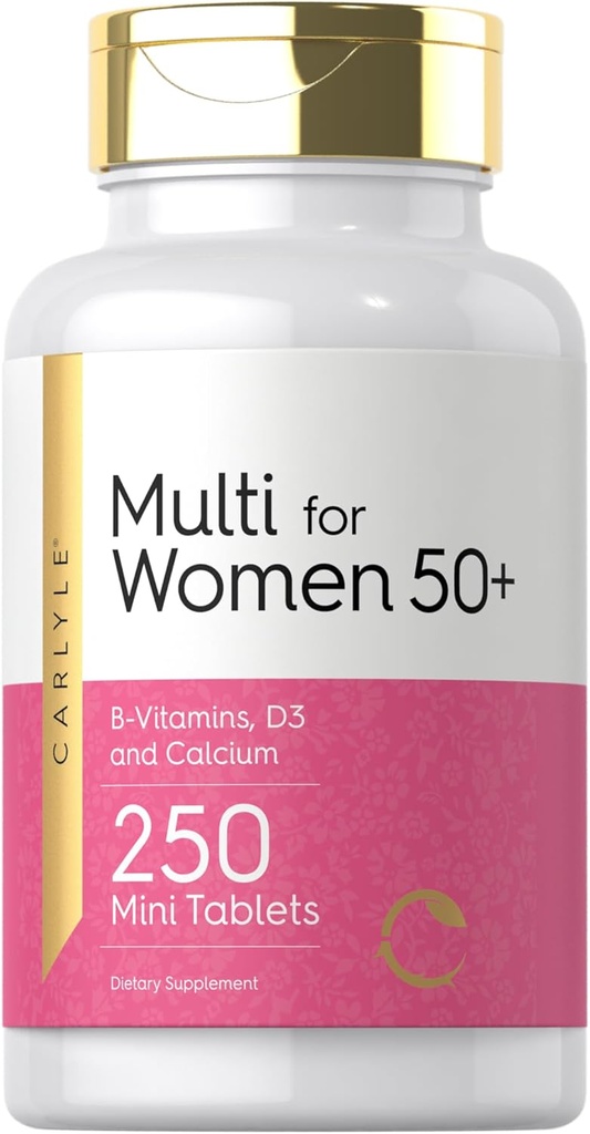 Carlyle Multivitamin til kvinder 50 Plus 124; 250 Mini tabletter • 124; Jern gratis supplement • 124; Vitamin A, B12, C, D3, Folate (som folinsyre) og Calcium • 124; Non- GMO, Gluten fri