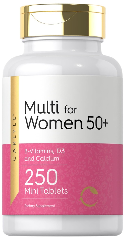 Carlyle Multivitamin til kvinder 50 Plus 124; 250 Mini tabletter • 124; Jern gratis supplement • 124; Vitamin A, B12, C, D3, Folate (som folinsyre) og Calcium • 124; Non- GMO, Gluten fri