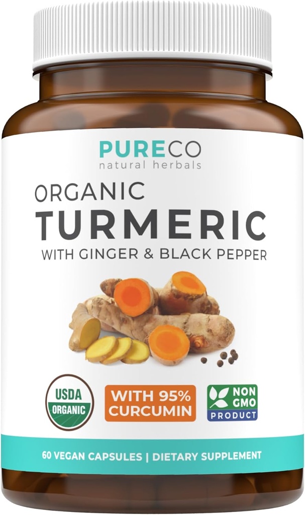 Økologisk gurkemeje Ginger Black Pepper Supplement - Høj potens Økologisk gurkemeje Curcumin Kapsler med Ginger & Sort Pepper for Forbedret Fordele og Absorption - Vegan & Non- GMO (1 måned Tilgang)
