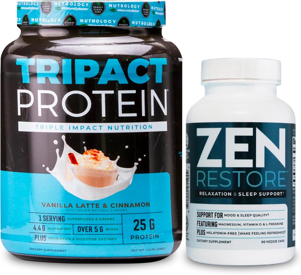 Nutrologi TRIPACT Protein Powder, 7- in-1 Meal udskiftning Shake, Vanilla Latte kanel Flavor (20 Servere) Zen Natural Magnesium Supplement (30 Servere)