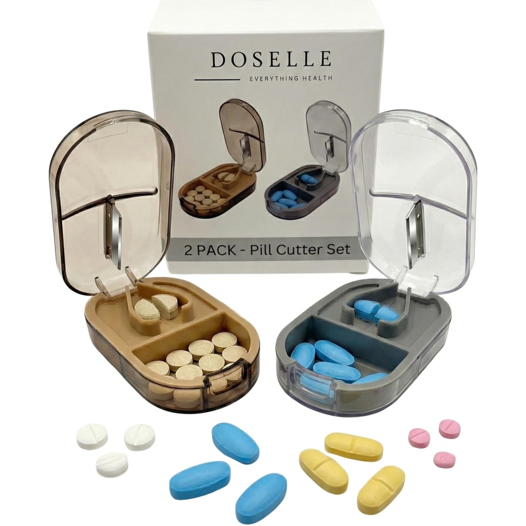 2PCS - Pill Cutter Splitter med Mini Pill Box - Pill Cutters til små eller store piller Professional - 4 Way Pill Splitter 1 / 4 - Pill Splitter med Centing Device - Gray & Brown