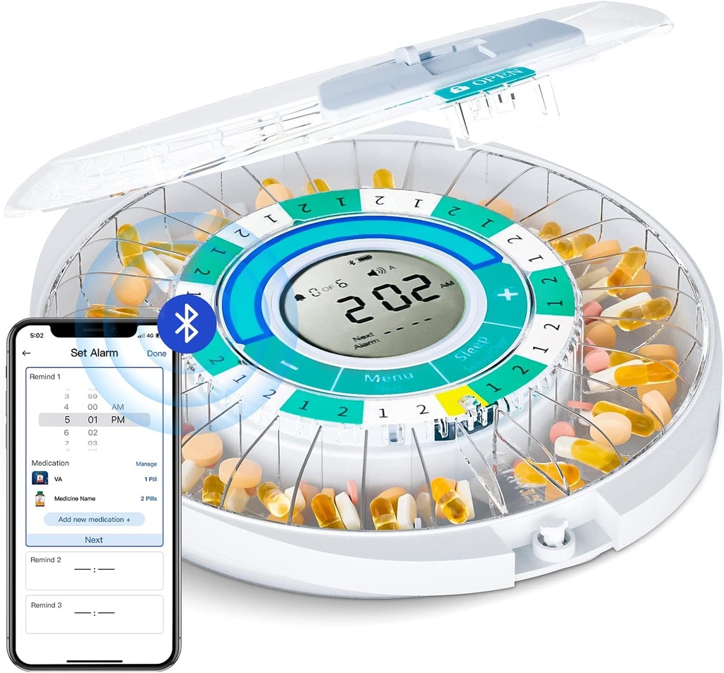Zoksi Opgrader Bluetooth Automatic Pill Dispenser maskine til ældre med Alarm, Smart Medication Pill Box 28 Dag til brug i hjemmet, Eletronic Medicine Organizer Månedlig, Timet Reminder