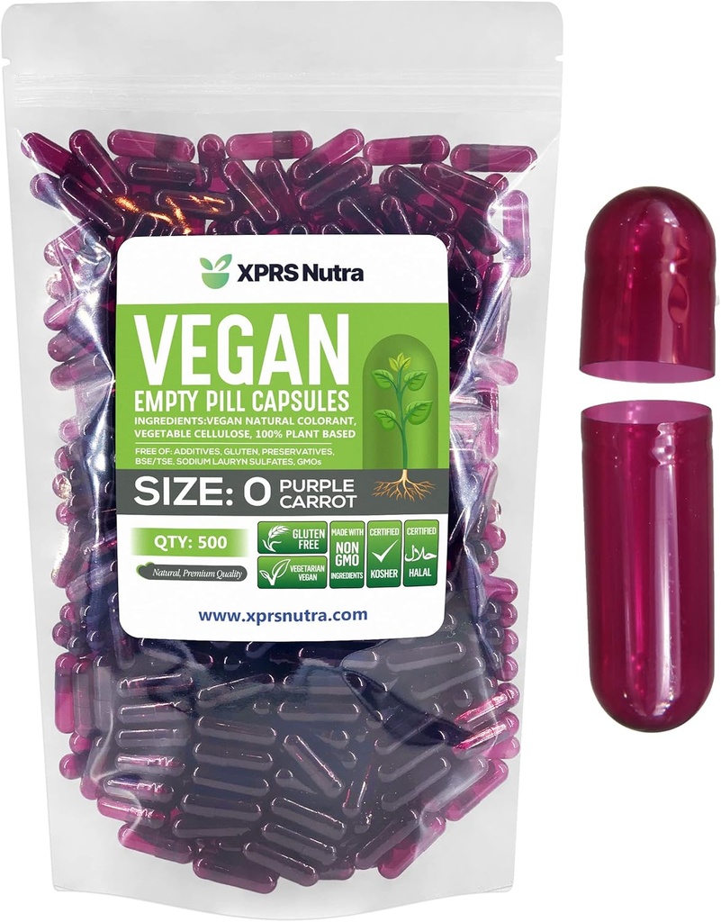 XPRS Nutra Størrelse 0 Tomme kapsler - 500 Tomme Veganske kapsler - Vegetariske piller - DIY Vegetabilske Kapsler Fyldning - Veggie Pill Caps til Do- It- Yourself Kosttilskud (lilla gulerod)